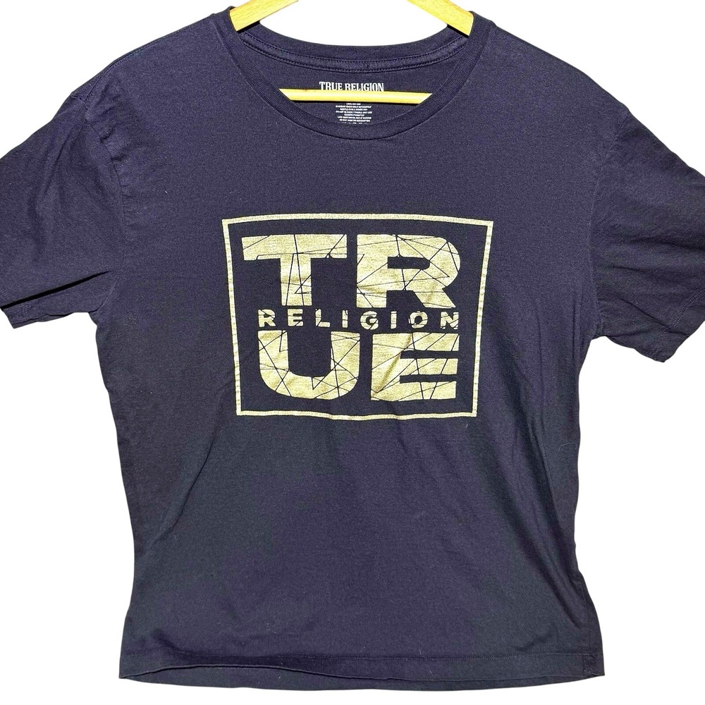 True Religion T-Shirt Men Medium Black Gold Logo Graphic Crew Neck Short Sleeve